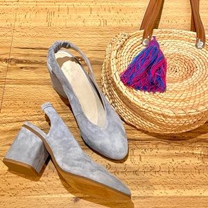 NWOT Baby blue suede elastic-back block heels